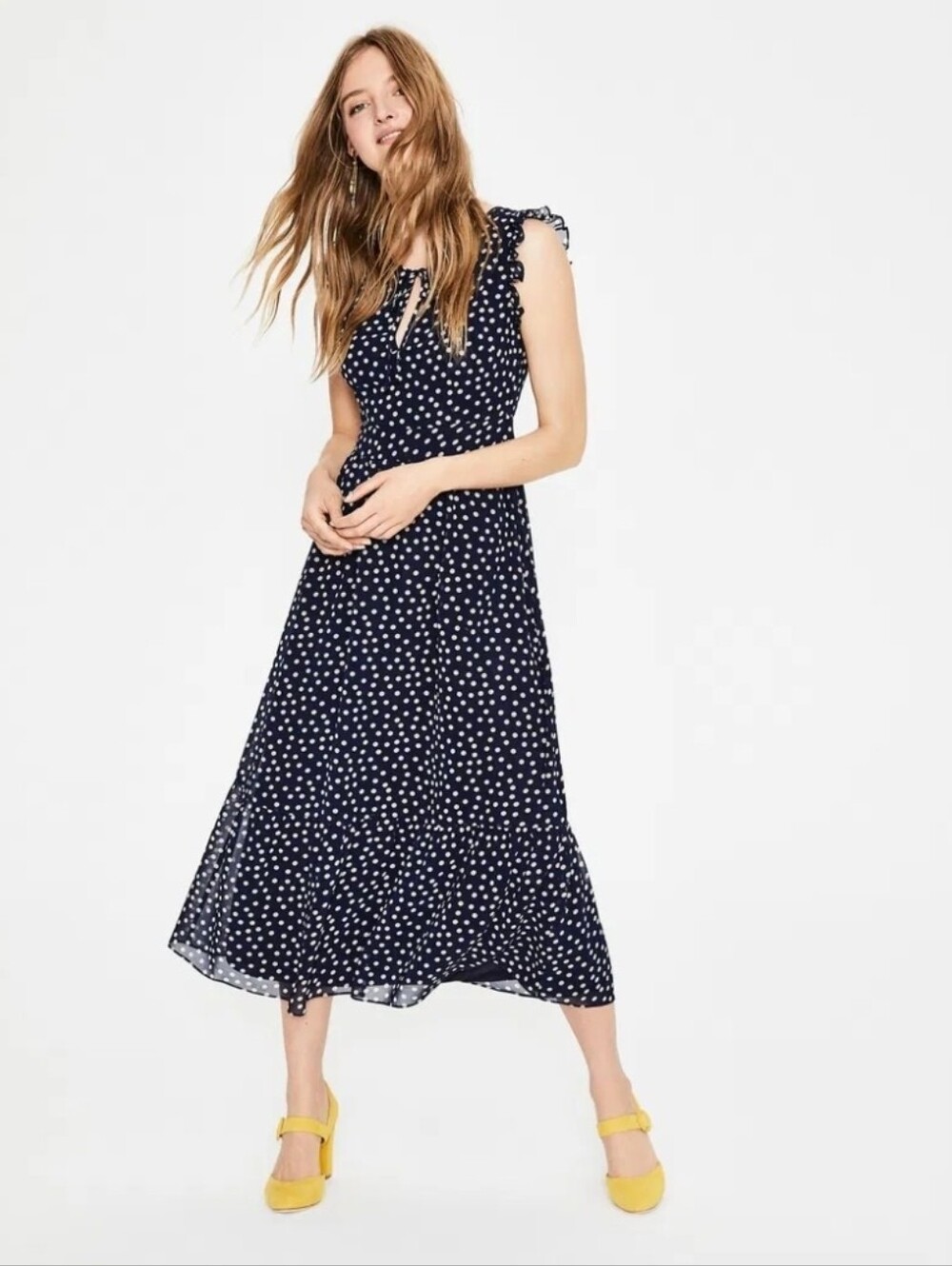 Boden Laura Polka Dot Ruffle Maxi Midi Dress Navy Blue Chiffon Size 8L